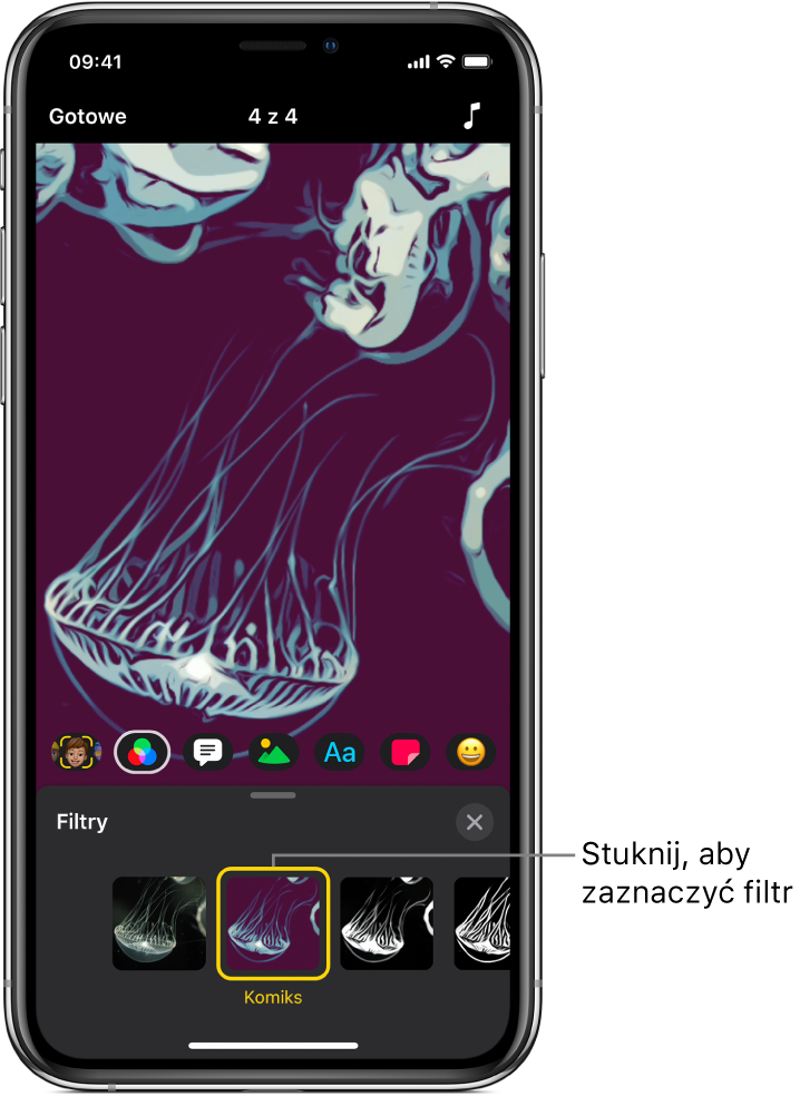Wideo w panelu podglądu; wybrane są opcje Filtry i Komiks.