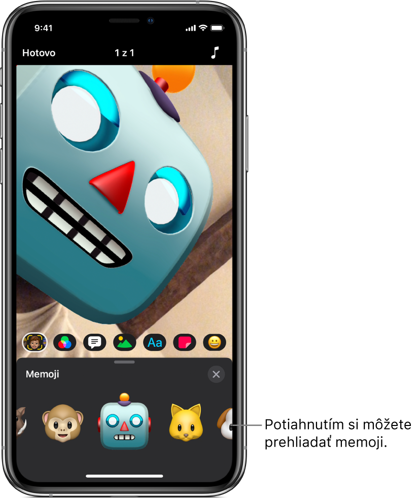 Memoji robota v prehliadači s označenou položkou Memoji a jednotlivými memoji postavičkami nižšie.