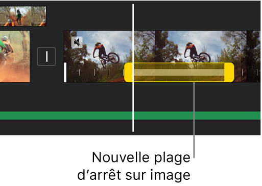 Arrêt sur image avec des poignées de plage jaunes affichées au bas d’un clip vidéo de la timeline. L’arrêt sur image commence au niveau de la tête de lecture.