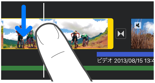 プロジェクトタイムラインでのクリップの分割。