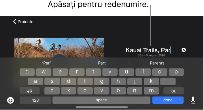 Titlul unui proiect în curs de editare, cu tastatura afișată mai jos.