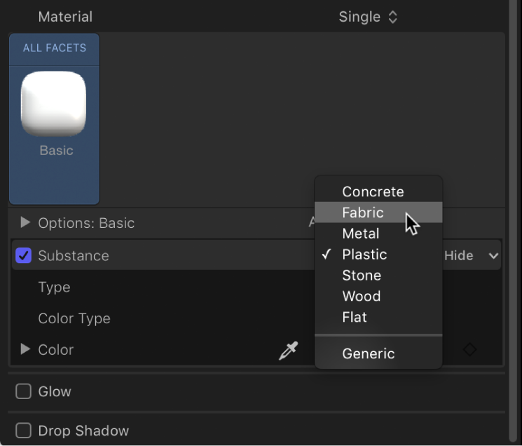 3D-Textinformationsfenster mit dem Einblendmenü „Substanz“