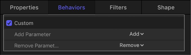 Behaviors Inspector showing default Custom behavior settings