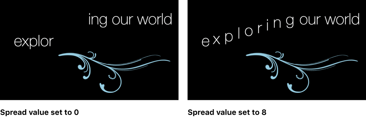 Comparison: Sequence Text behavior with Spread value set to 0, and then set to 11