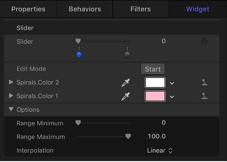 Inspector showing parameters added to slider widget