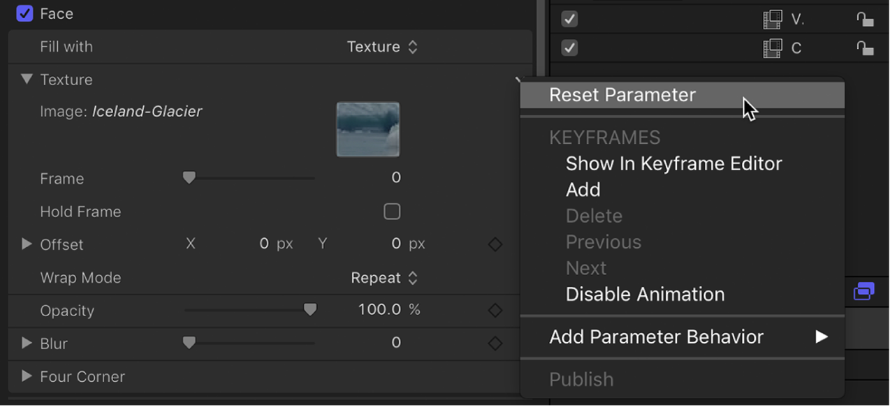 Text Inspector showing reset button for Texture parameter