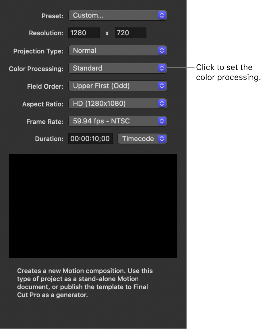 Explorador de proyectos que muestra el menú desplegable “Procesamiento de color”