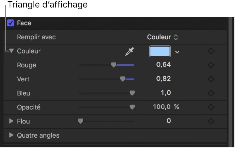 Commandes de couleur étendues dans un inspecteur