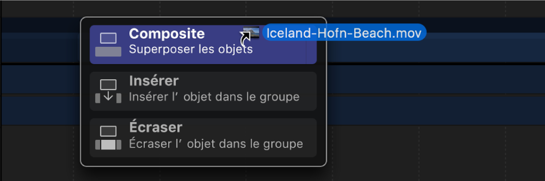 Menu déroulant de la timeline affichant les options proposées