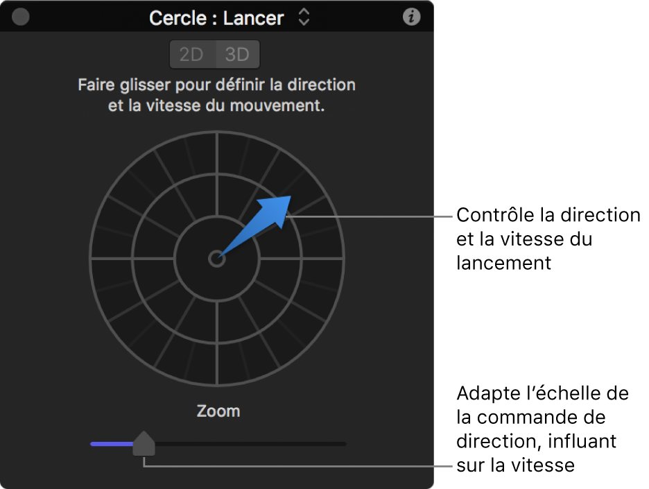 Palette affichant les commandes du comportement Lancer en mode 2D