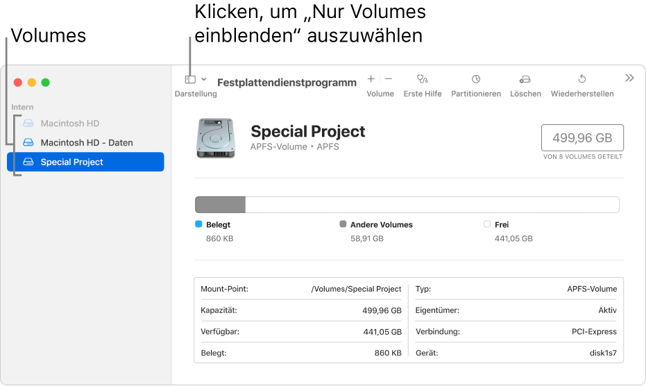Fenster des Festplattendienstprogramms in der Darstellung „Nur Volumes anzeigen“.