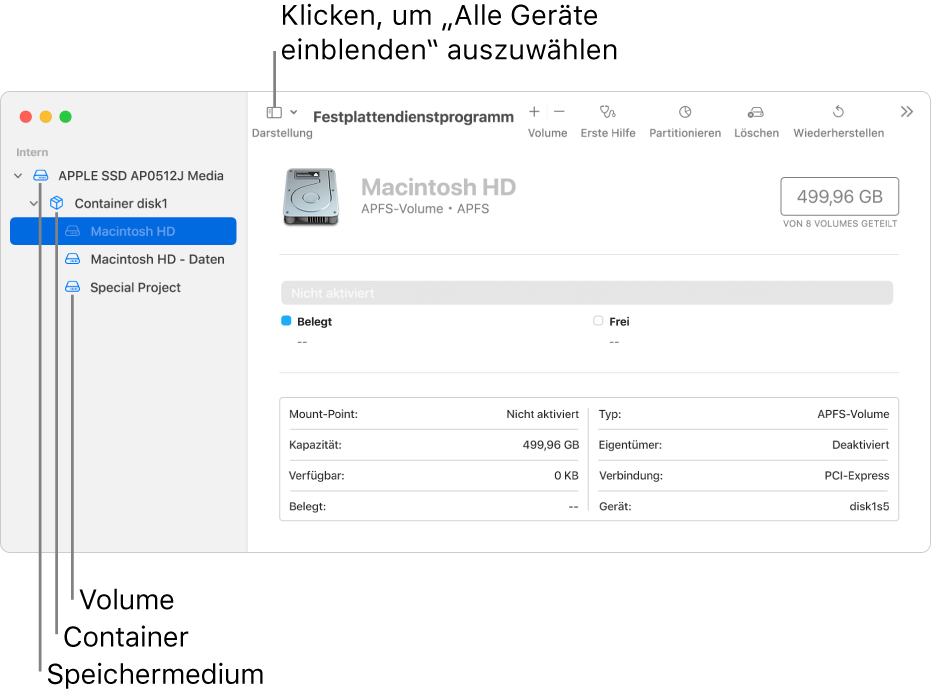 Fenster des Festplattendienstprogramms in der Darstellung „Alle Geräte einblenden“ mit drei Volumes, einem Container und einem Speichergerät.