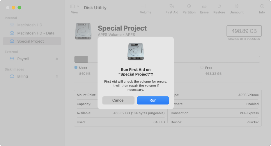 A Disk Utility window showing the First Aid confirmation dialog.