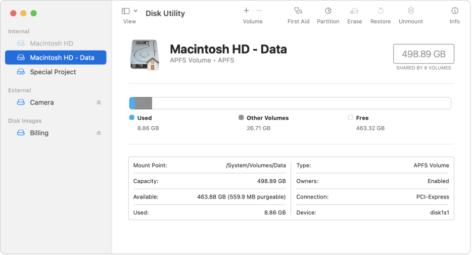 A Disk Utility window with Show Only Volumes view selected. The sidebar on the left displays three internal volumes, one external volume, and one disk image volume. The pane on the right shows details about the selected volume.