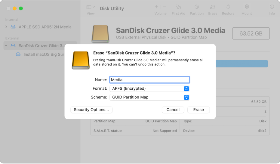 A Disk Utility window showing the erase dialog being set up to reformat a flash drive with an APFS encrypted format.