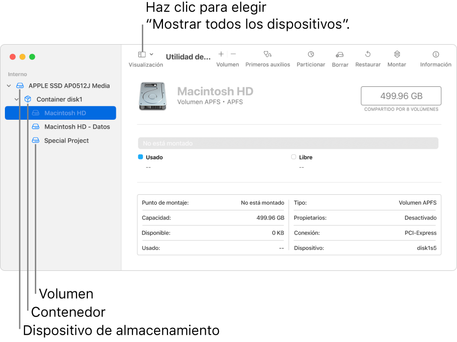 La ventana Utilidad de Discos mostrando tres volúmenes, un contenedor y un dispositivo de almacenamiento en la visualización “Mostrar todos los dispositivos”.