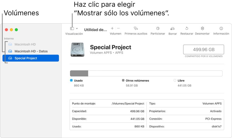 La ventana Utilidad de Discos con la visualización “Mostrar sólo los volúmenes”.