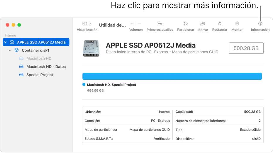 La ventana Utilidad de Discos mostrando un dispositivo de almacenamiento seleccionado en la barra lateral e información sobre el dispositivo a la derecha.