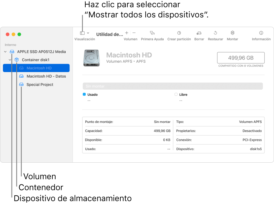 Una ventana de Utilidad de Discos, con tres volúmenes, un contenedor y un dispositivo de almacenamiento en la visualización “Mostrar todos los dispositivos”.