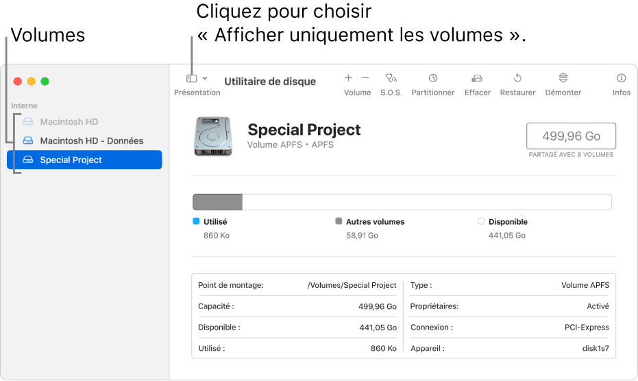 Une fenêtre Utilitaire de disque en présentation « Afficher uniquement les volumes ».