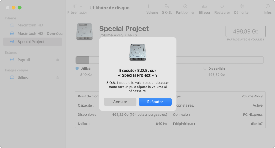 Une fenêtre Utilitaire de disque affichant la zone de dialogue de confirmation de S.O.S.