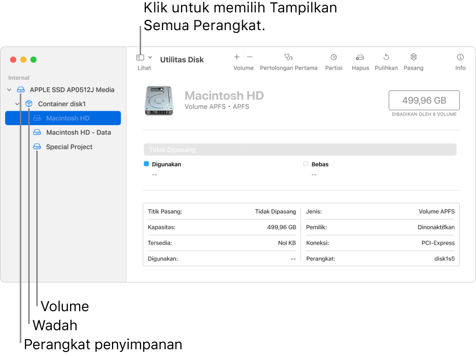 Jendela Utilitas Disk, menampilkan tiga volume, wadah, dan perangkat penyimpanan di tampilan Tampilkan Semua Perangkat.