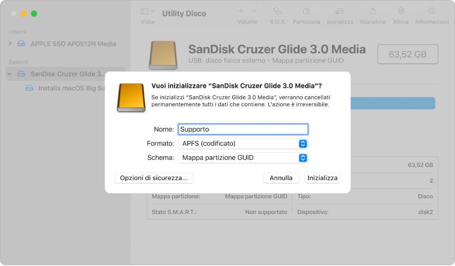 Finestra di Utility Disco con la finestra di dialogo impostata per riformattare un'unità flash con un formato codificato APFS.