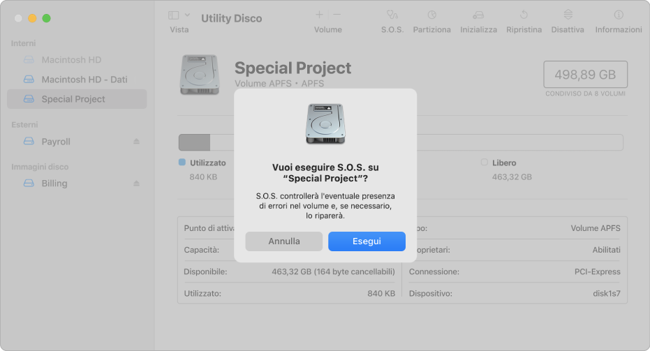 Una finestra di Utility Disco che la finestra di dialogo per la conferma di S.O.S.