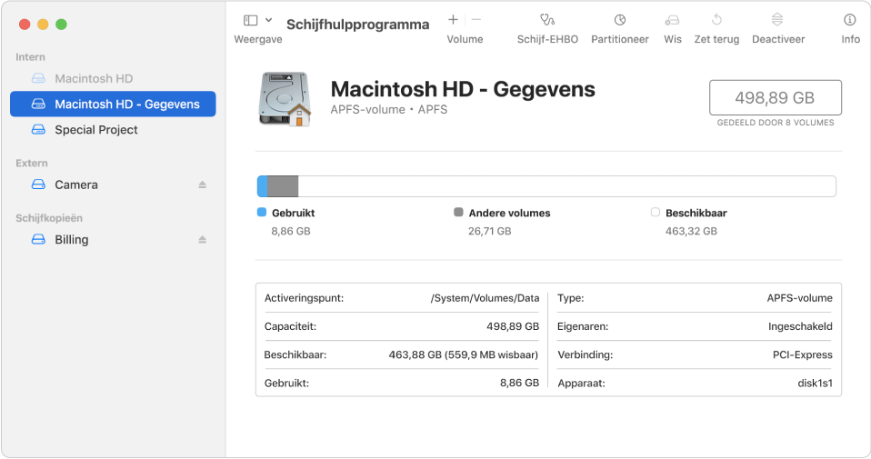 Het venster van Schijfhulpprogramma, met APFS-volume op een interne schijf, een volume op een externe schijf en een schijfkopie.