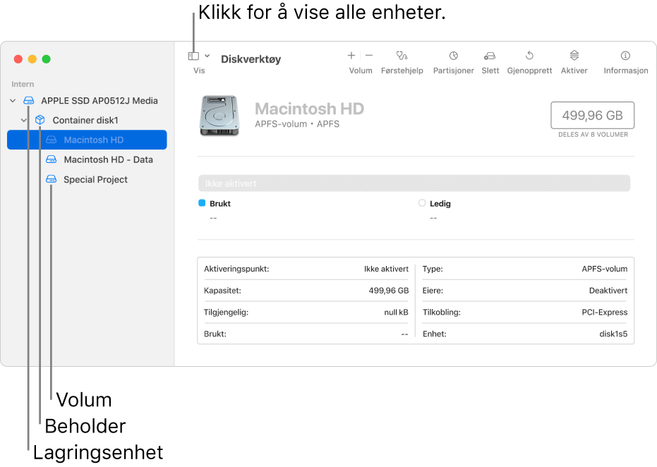 Et Diskverktøy-vindu som viser tre volumer, en beholder og en lagringsenhet i Vis alle enheter-vinduet.