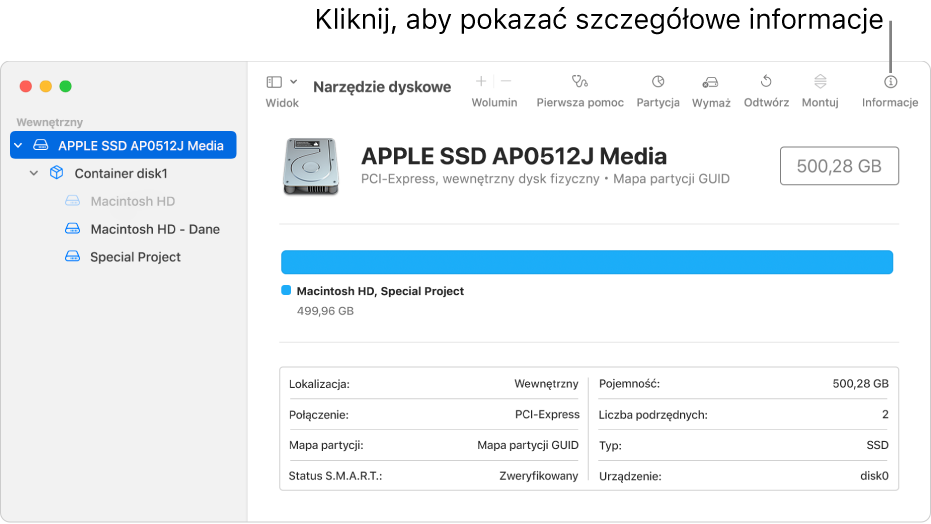 W oknie aplikacji Narzędzie dyskowe widoczne jest urządzenie pamięci masowej zaznaczone na pasku bocznym oraz informacja o tym urządzeniu wyświetlona po prawej.