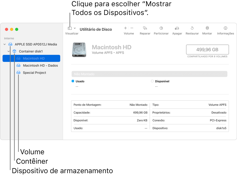 Uma janela do Utilitário de Disco mostrando três volumes, um contêiner e um dispositivo de armazenamento na visualização Mostrar Todos os Dispositivos.