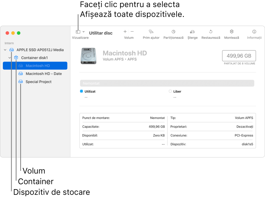 O fereastră Utilitar disc, afișând trei volume, un container și un dispozitiv de stocare în vizualizarea Afișează toate dispozitivele.