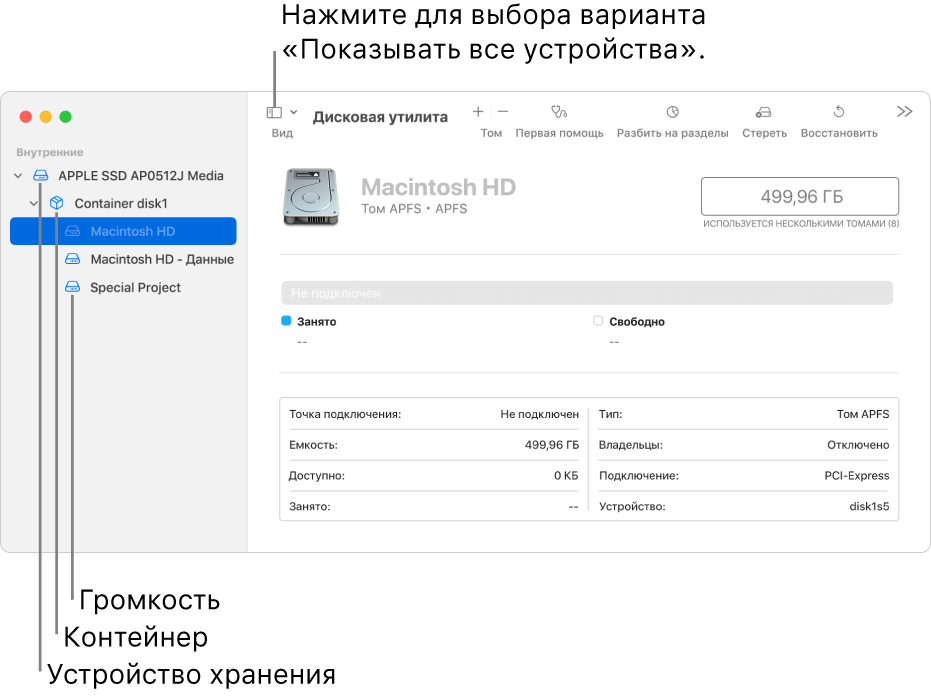 Окно Дисковой утилиты в режиме «Показать все устройства». Показаны три тома, контейнер и устройство хранения.