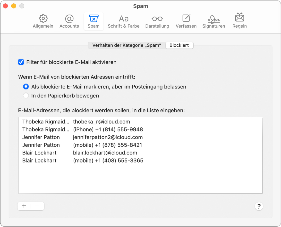 Der Bereich „Blockiert“ der Einstellungen mit einer Liste blockierter Absender. Das Markierungsfeld „Filter für blockierte E-Mail aktivieren“ und die Option „Als blockierte E-Mail markieren, aber im Posteingang belassen“ sind aktiviert.