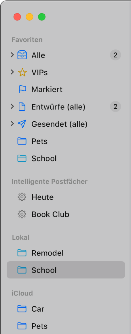 Die Seitenleiste von Mail mit den Standardpostfächern („Eingang“, „Entwürfe“ usw.) oben in der Seitenleiste und Postfächern, die lokal auf dem Mac oder in iCloud erstellt wurden.