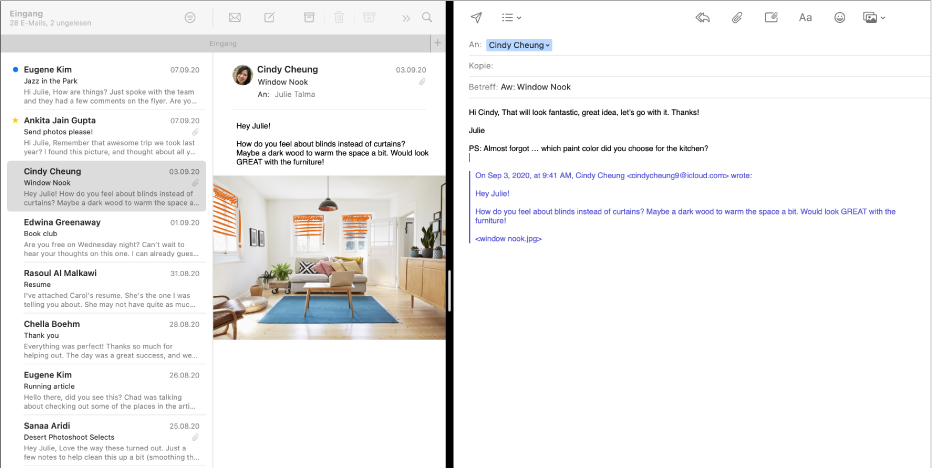 Split View mit der E-Mail-Liste neben dem Fenster zum Erstellen einer neuen Nachricht.
