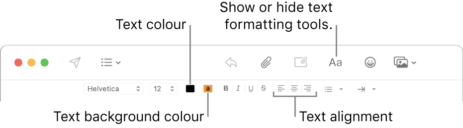 The toolbar and formatting bar in a new message window indicating the text colour, text background colour and text alignment buttons.