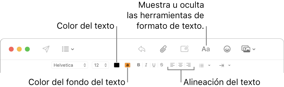 La barra de herramientas y de formato en la ventana de un nuevo mensaje indicando el color del texto, el color del fondo y los botones de alineación de texto.