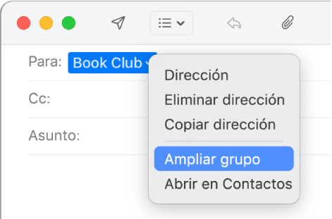 Un correo mostrando un grupo en el campo Para y el menú desplegable mostrando el comando "Ampliar grupo".