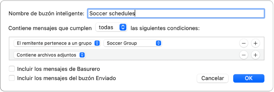 La ventana de grupos inteligentes mostrando criterios para un grupo llamado “Horarios de fútbol”. El grupo tiene dos condiciones. La primera condición tiene dos criterios, y se muestran de izquierda a derecha: “El remitente es miembro del grupo” (seleccionado en un menú desplegable) y grupo Fútbol (seleccionado en un menú desplegable). La segunda condición tiene un criterio: “Contiene archivos adjuntos” (seleccionado en un menú desplegable).