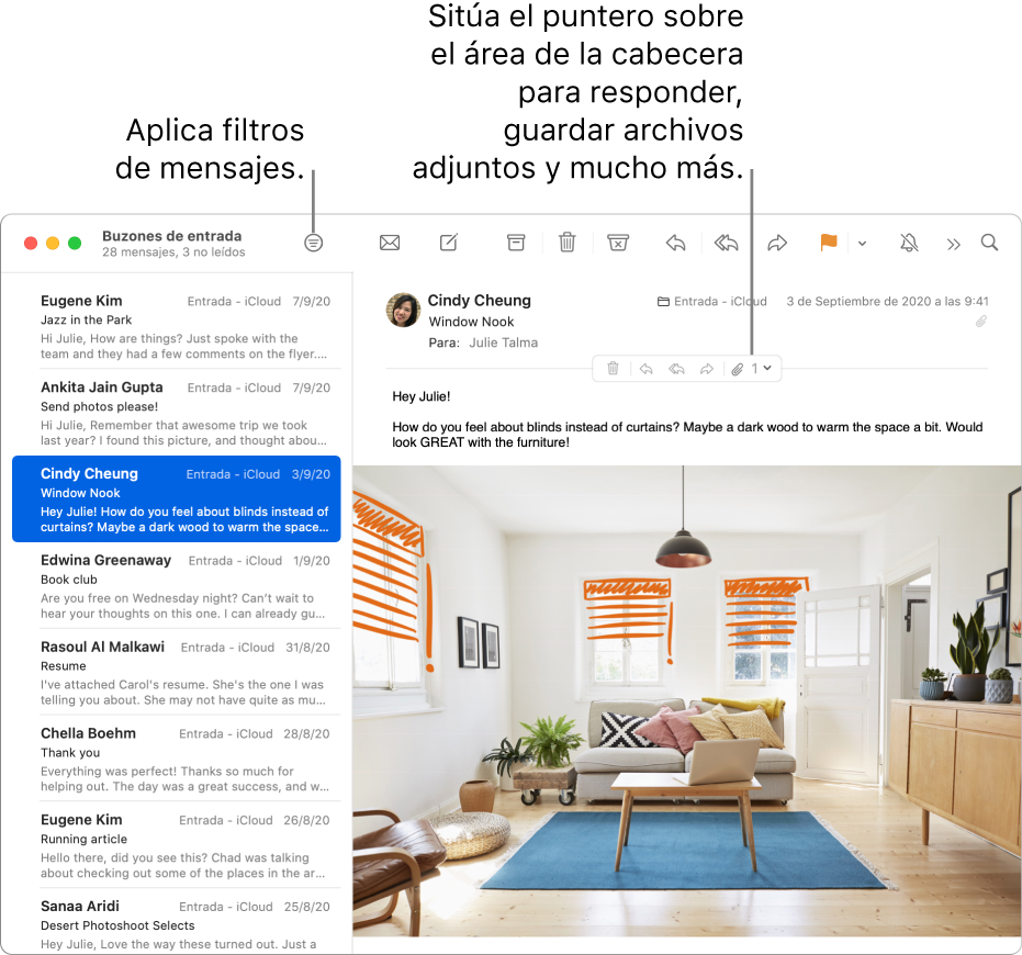 La ventana de Mail. Haz clic en el botón Filtro en la barra de herramientas para activar los filtros de mensajes. Para mostrar botones que permiten responder, guardar archivos adjuntos, etc., coloca el cursor sobre el área de cabecera de un mensaje.