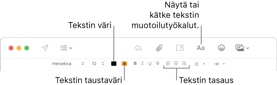 Uusi viesti -ikkunan työkalupalkki ja muotoilupalkki, joissa näytetään tekstin värin, taustavärin ja tasaamisen painikkeet.