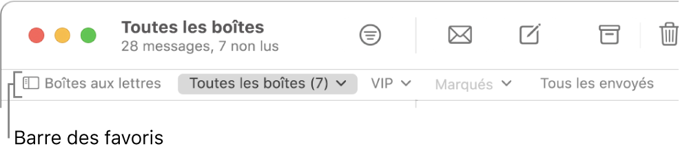 La barre des favoris comprenant le bouton « Boîtes aux lettres » et les boutons permettant d’accéder aux boîtes aux lettres favorites, telles que les boîtes VIP et Marqués.