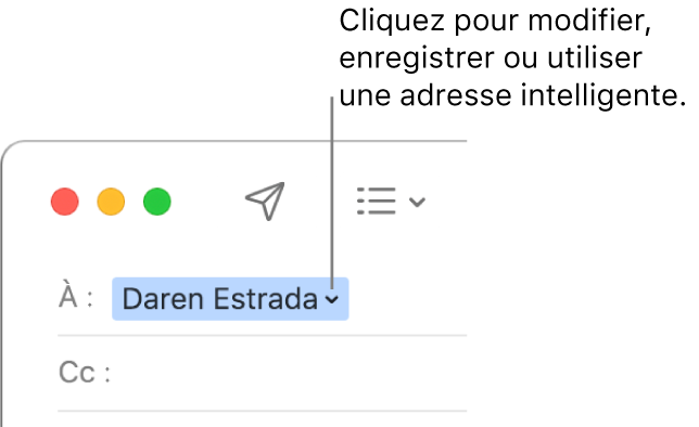 Une adresse intelligente avec la flèche sur laquelle cliquer pour modifier, enregistrer ou manipuler l’adresse.