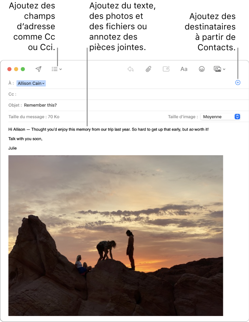 Fenêtre de nouveau message indiquant le bouton Champs d’en-tête, le bouton Ajouter dans un champ d’adresse (pour ajouter des personnes à partir de Contacts) et une image annotée dans le corps du message.