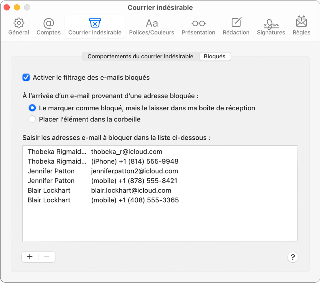 La sous-fenêtre des préférences Bloqués affichant une liste des expéditeurs bloqués. La case d’activation du filtrage des e-mails bloqués est cochée, de même que l’option pour marquer les e-mails bloqués tout en les laissant dans la boîte de réception à l’arrivée.