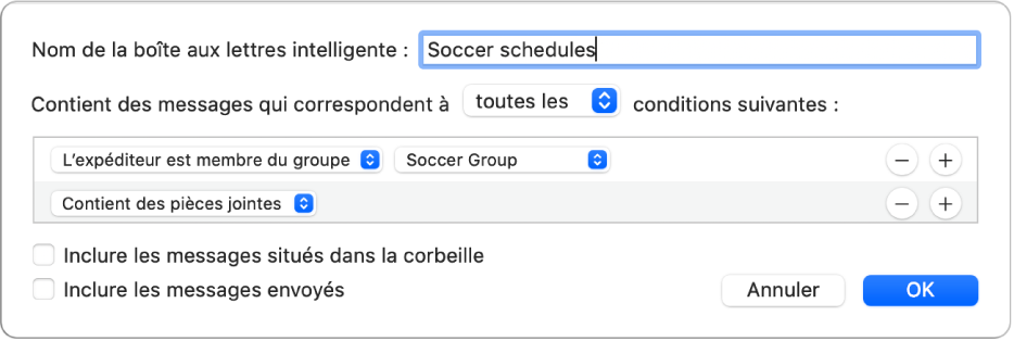 La fenêtre « Groupe intelligent » affichant les critères d’un groupe intitulé « Horaires des entraînements de foot ». Le groupe inclut deux conditions. La première comprend deux critères (affichés de gauche à droite) : « L’expéditeur est membre du groupe » (sélectionné dans le menu local) et « Groupe de football » (sélectionné dans le menu local). La seconde comprend un critère : « Contient des pièces jointes » (sélectionné dans le menu local).