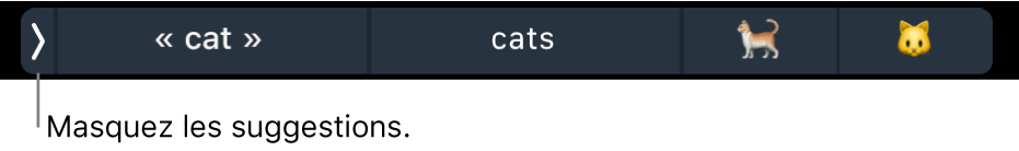 Suggestions affichant des mots et des Emoji, ainsi que le bouton à gauche permettant de masquer les suggestions.