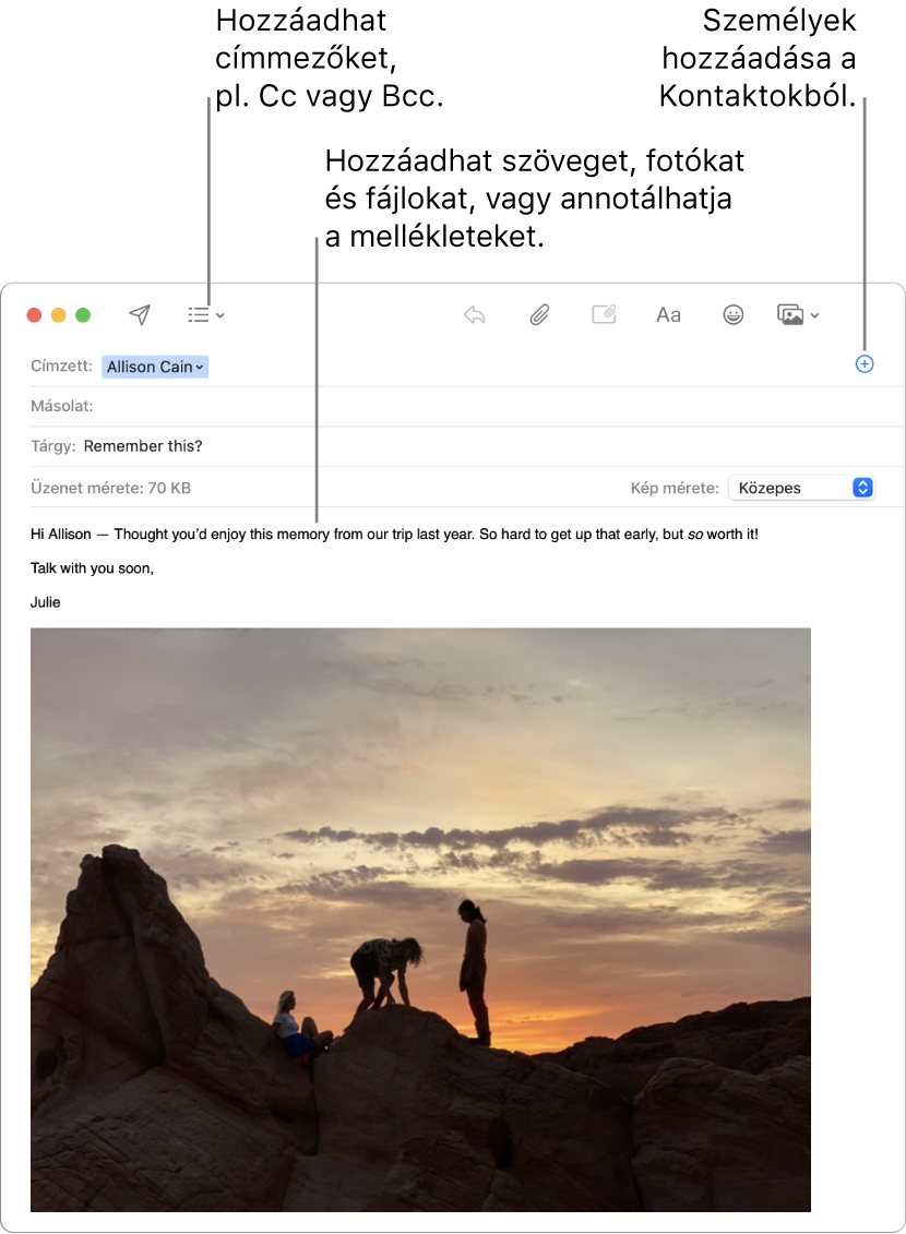 Egy új üzenetablak jelzi, amelyen látható a Fejlécmezők gomb, a Hozzáadás gomb egy címmezőben, amellyel a Kontaktokból adhat hozzá személyeket, valamint egy jelöléssel ellátott kép az üzenettörzsben.